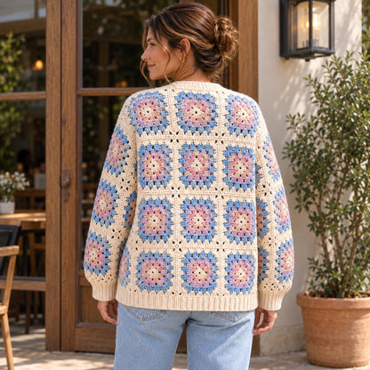 Floral Granny Square Cardigan Crochet Pattern PDF – Boho Pocket Sweater