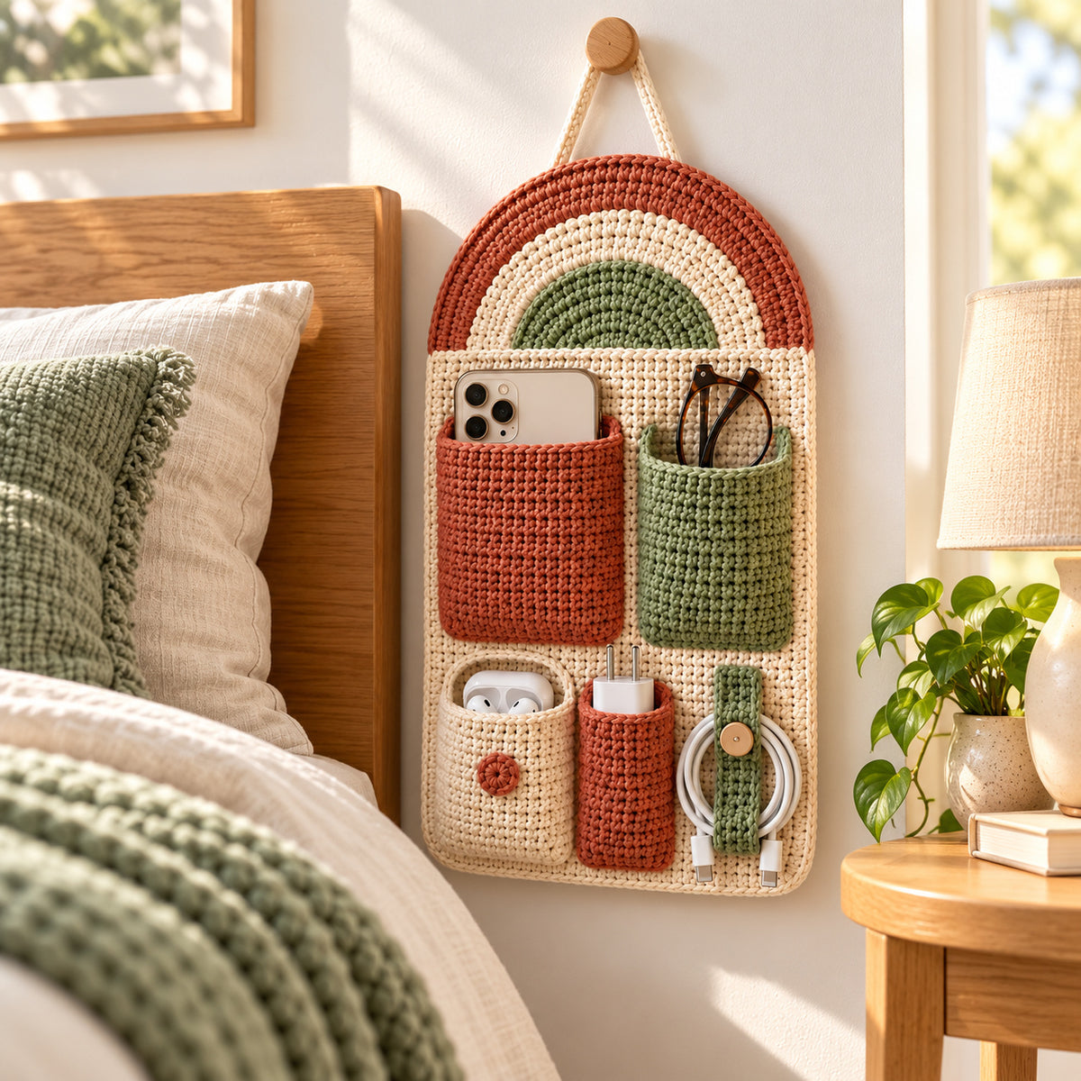 Crochet Wall Organizer Pattern PDF – 5 Pocket Bedside Storage
