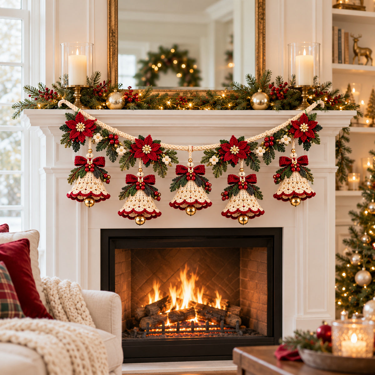 Christmas Bell Garland Crochet Pattern PDF – Poinsettia Holiday Decor