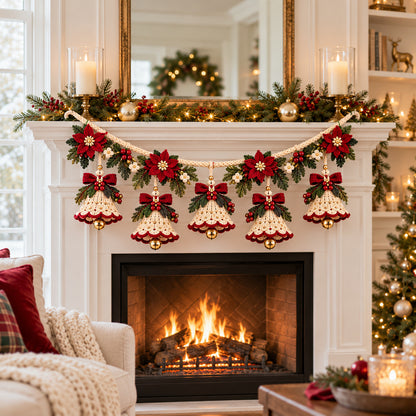 Christmas Bell Garland Crochet Pattern PDF – Poinsettia Holiday Decor