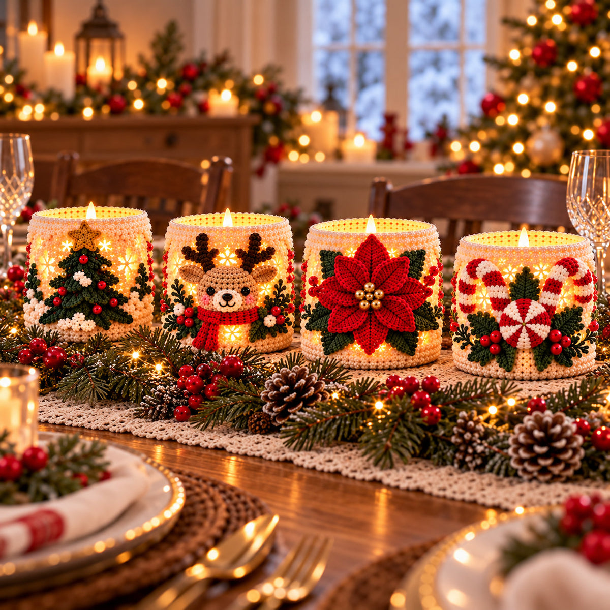 4 Christmas Luminary Crochet Patterns Bundle PDF – Reindeer, Tree, Poinsettia & Peppermint