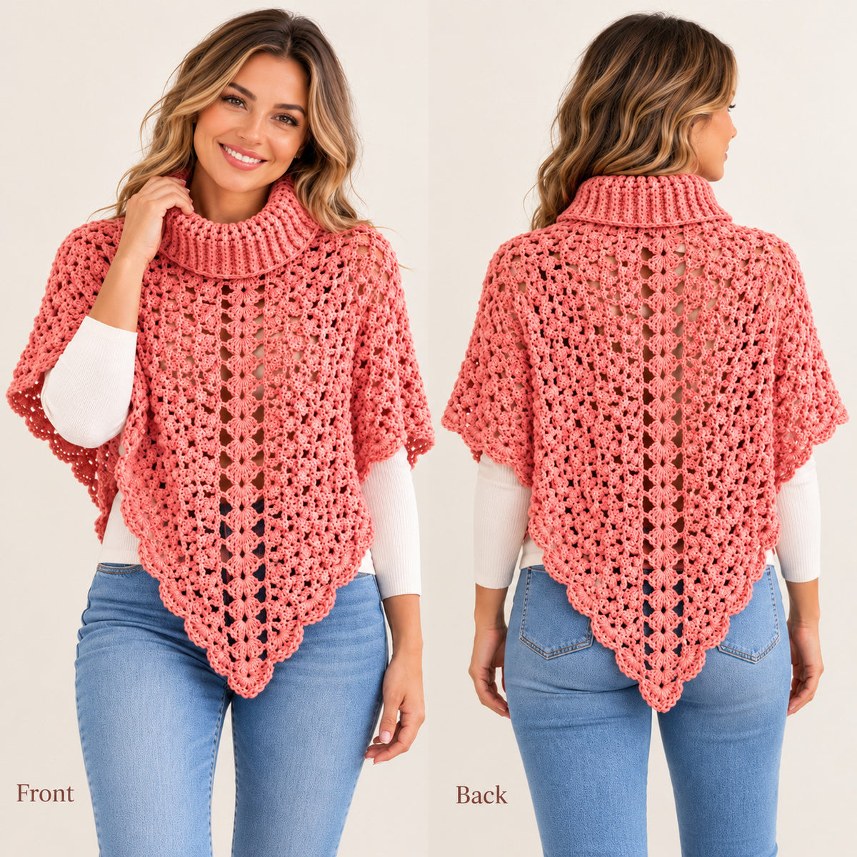 Turtleneck Poncho Crochet Pattern PDF – Cozy Lace Poncho with Pointed Hem