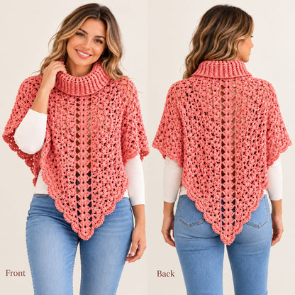 Turtleneck Poncho Crochet Pattern PDF – Cozy Lace Poncho with Pointed Hem