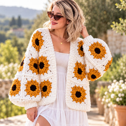 Sunflower Granny Square Cardigan Crochet Pattern PDF – Oversized Floral Jacket