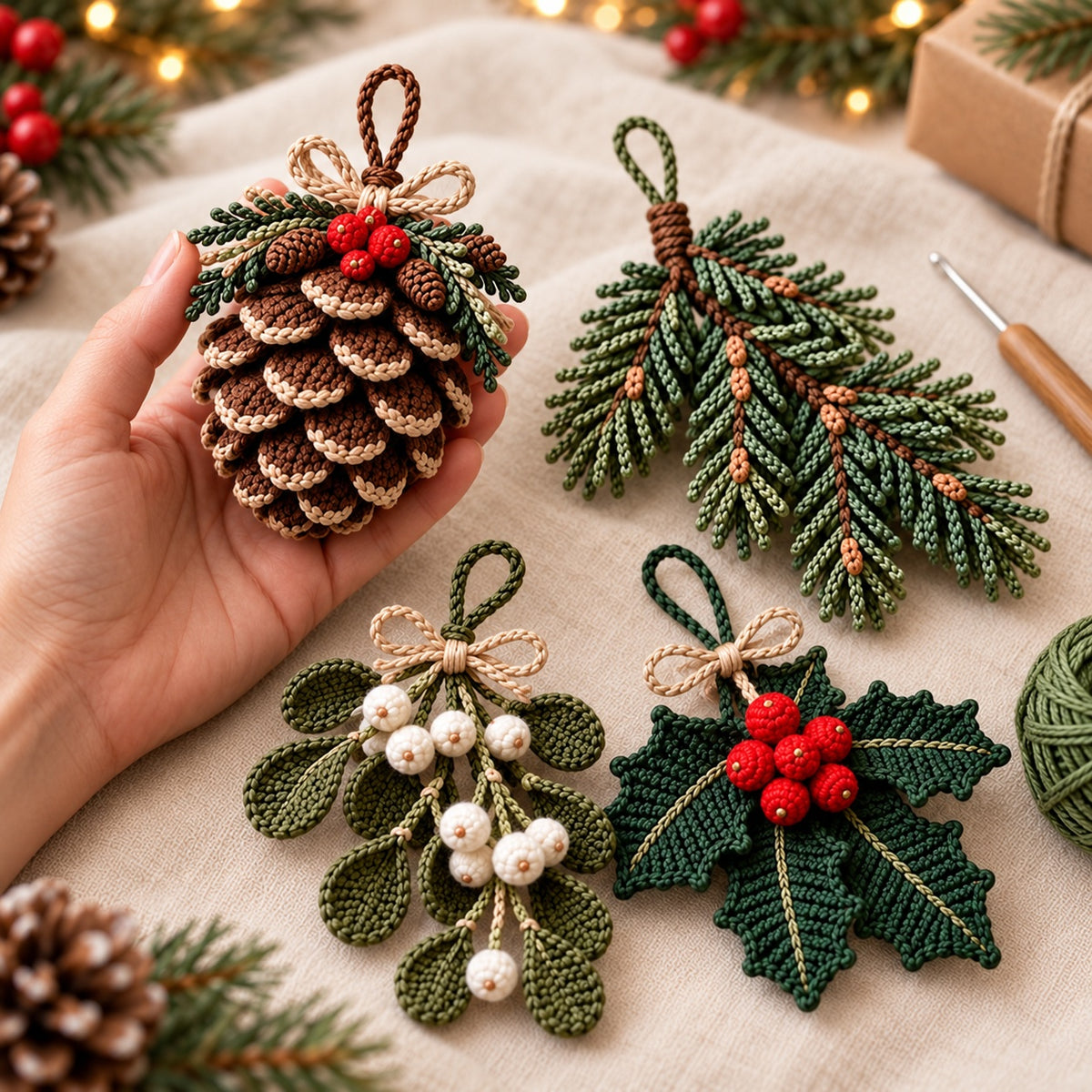 4-in-1 Christmas Botanical Ornament Crochet Pattern Bundle PDF – Pinecone, Spruce, Mistletoe & Holly