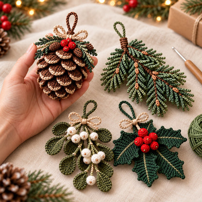 4-in-1 Christmas Botanical Ornament Crochet Pattern Bundle PDF – Pinecone, Spruce, Mistletoe & Holly