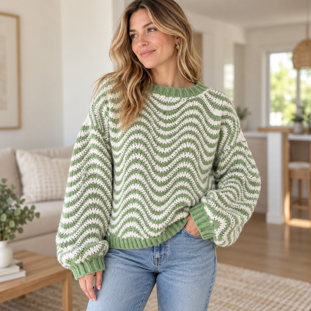 Wavy Striped Sweater Crochet Pattern PDF – Oversized Women’s Pullover