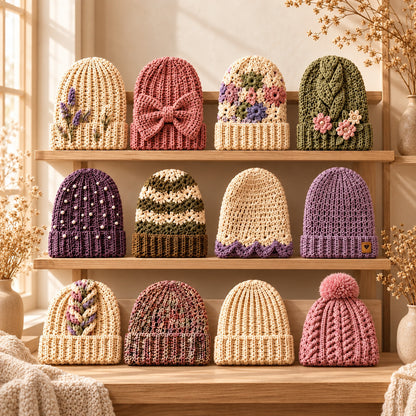 12 Crochet Beanie Patterns Bundle PDF – Modern Winter Hats, Bow, Floral & Chunky