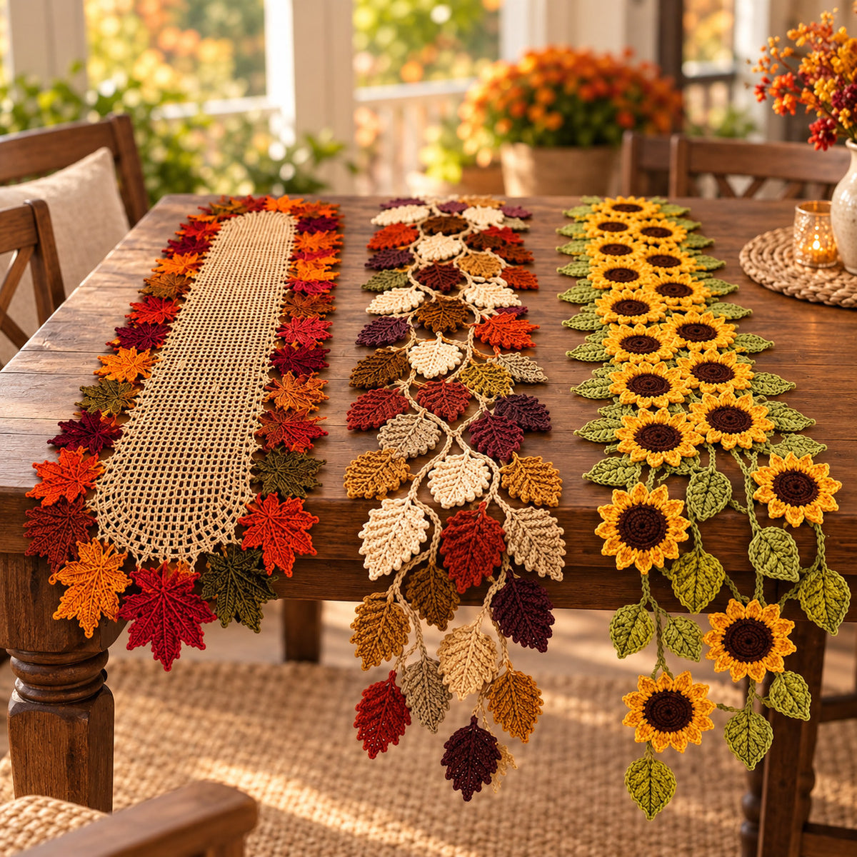 3 Crochet Table Runner Patterns Bundle PDF – Autumn Leaves & Sunflowers