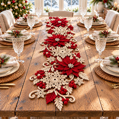 Poinsettia Snowflake Table Runner Crochet Pattern PDF – Christmas Table Decor