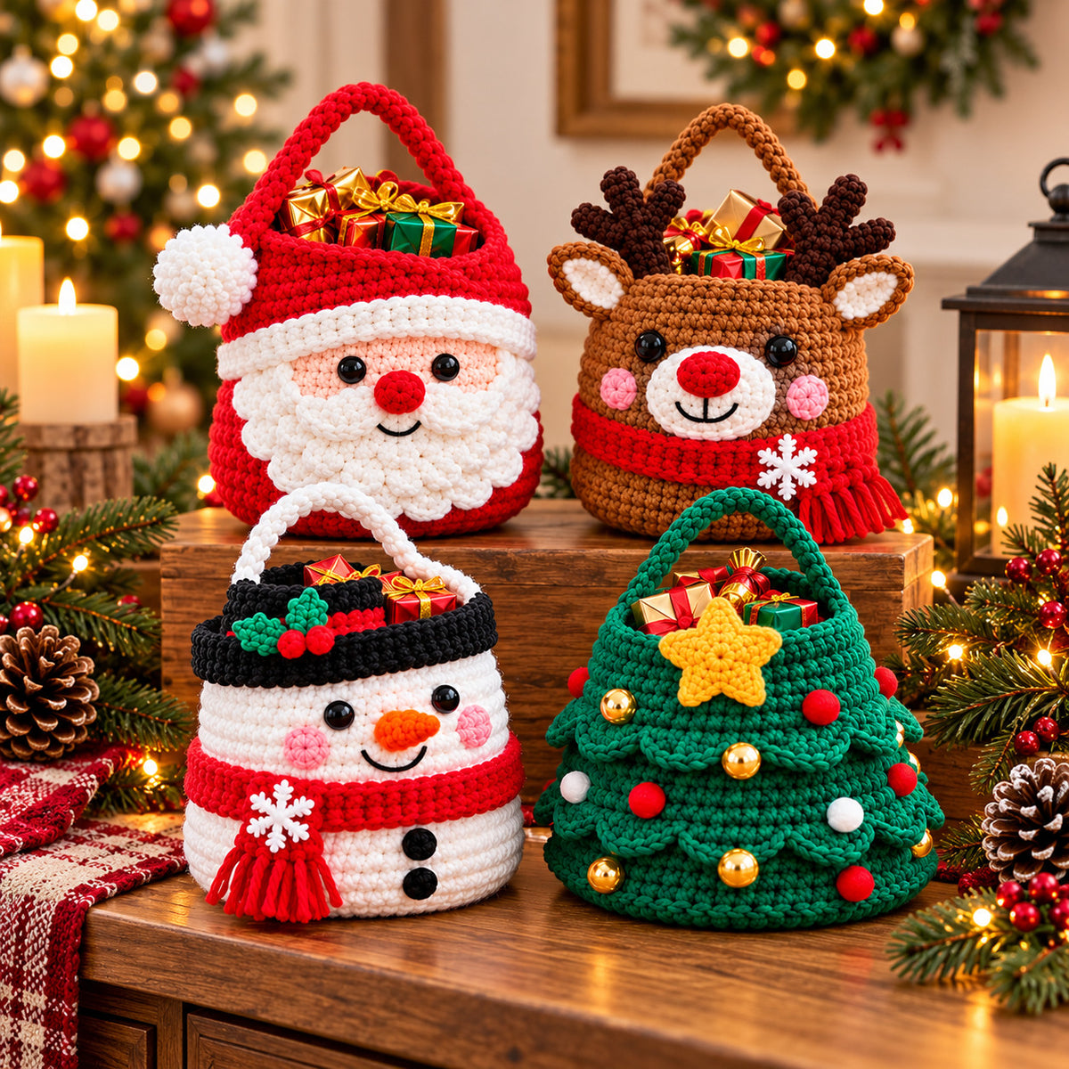4 Christmas Gift Bag Crochet Patterns Bundle PDF – Santa, Reindeer, Snowman & Tree