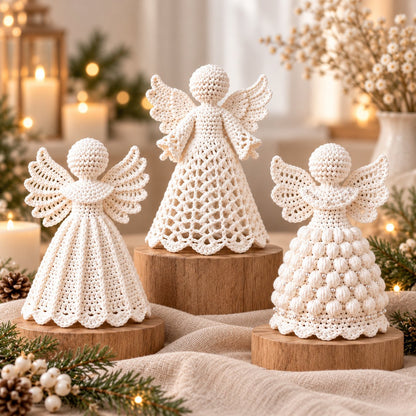3 Christmas Angel Ornament Crochet Patterns PDF – Scallop, Lace & Puff Designs