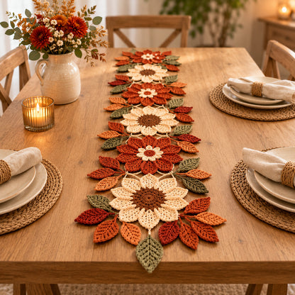 Crochet Table Runner Pattern PDF – Autumn Sunflower-Inspired Floral & Leaf Decor