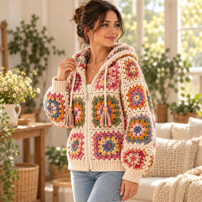 Granny Square Hooded Cardigan Crochet Pattern PDF – Zip Hoodie S–XL