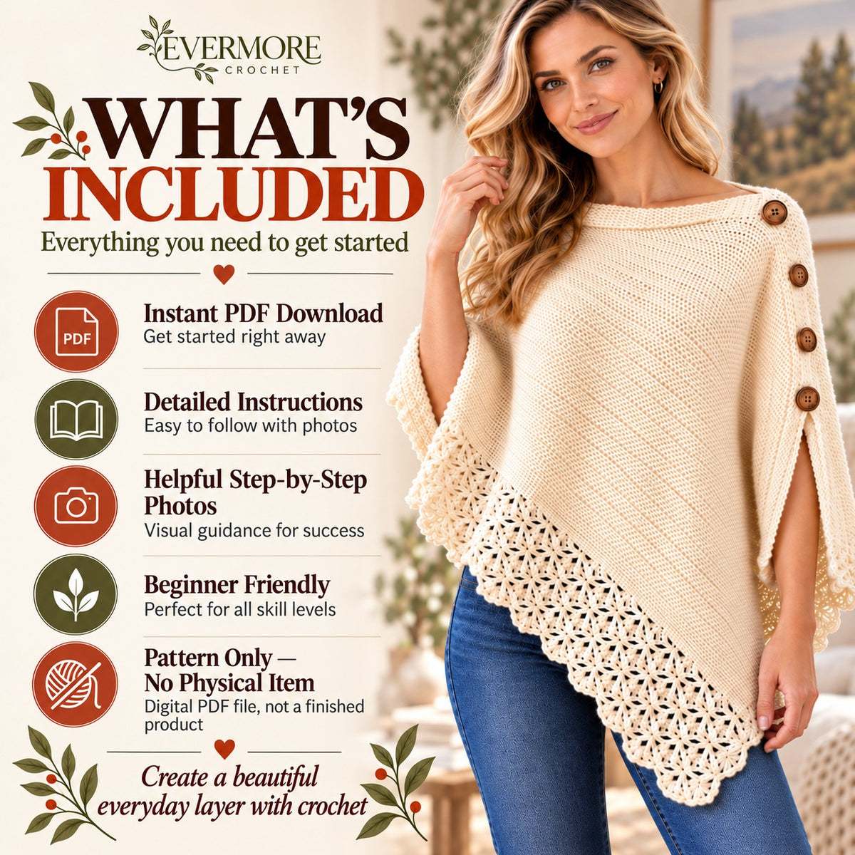 Uptown Poncho Crochet Pattern PDF – Easy Women’s Crochet Wrap with Button Detail & Lace Border