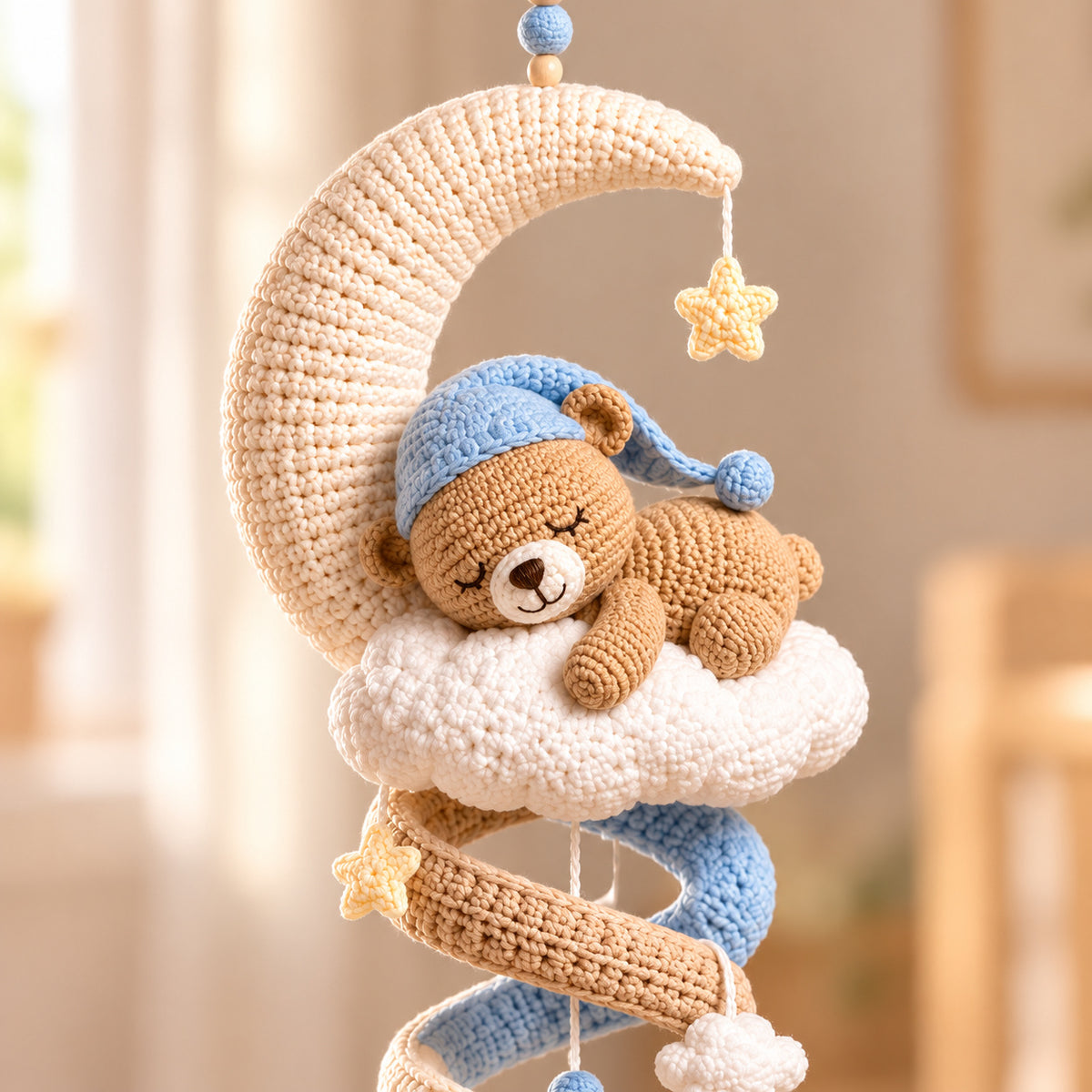 Sleeping Teddy Bear Moon Crochet Pattern PDF – Cloud Spiral Hanging Decor