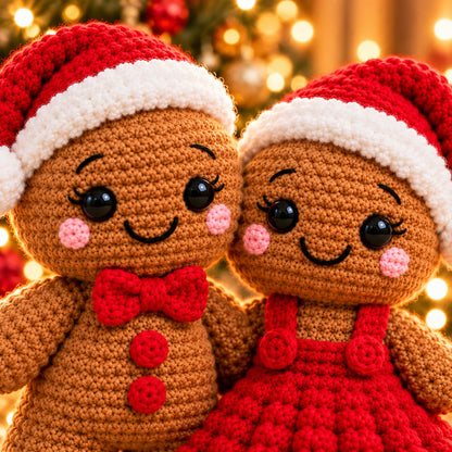 2 Gingerbread Christmas Doll Crochet Patterns PDF – Boy & Girl Santa Hat Couple