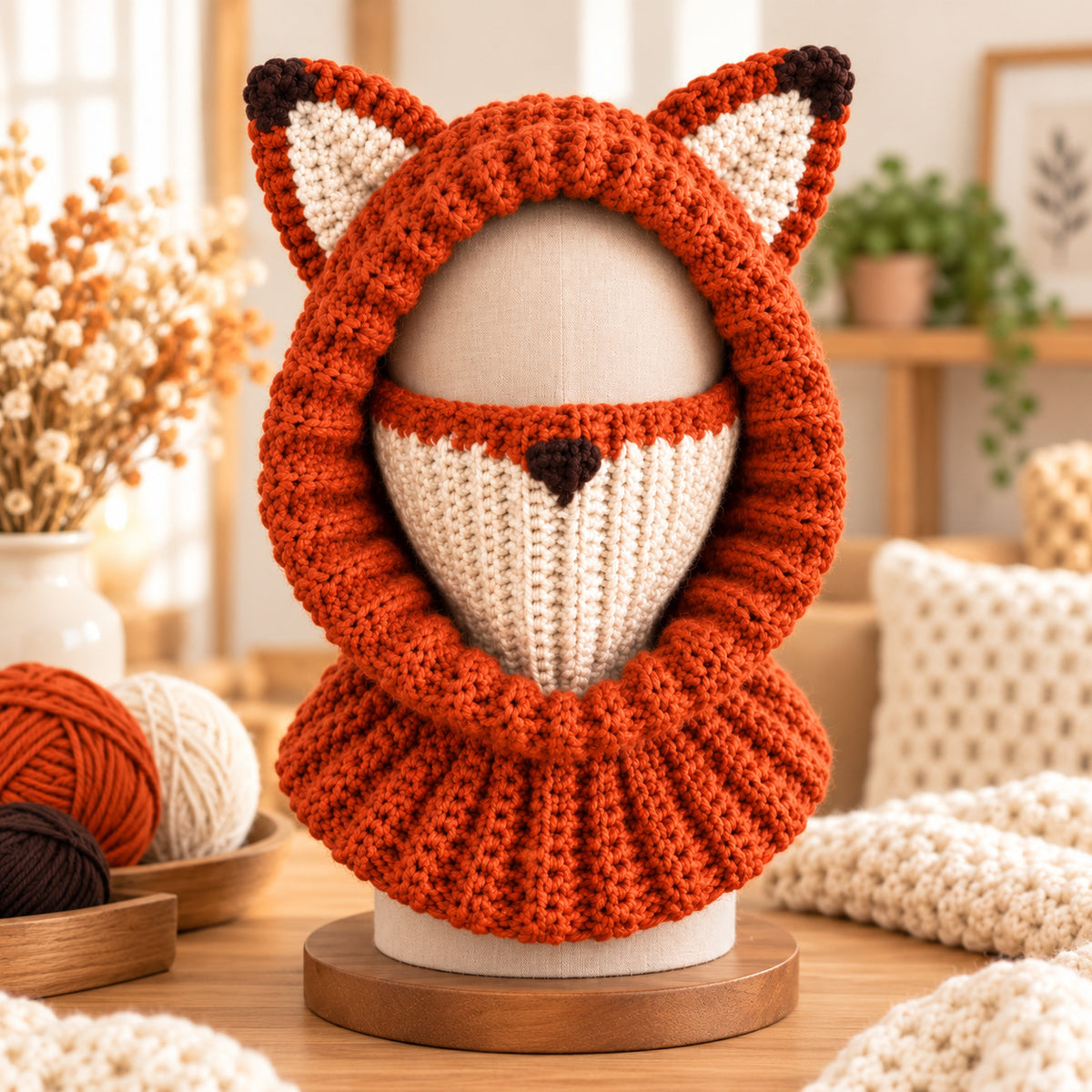 Fox Hooded Cowl Crochet Pattern PDF – Chunky Fox Ear Balaclava, Adult Size