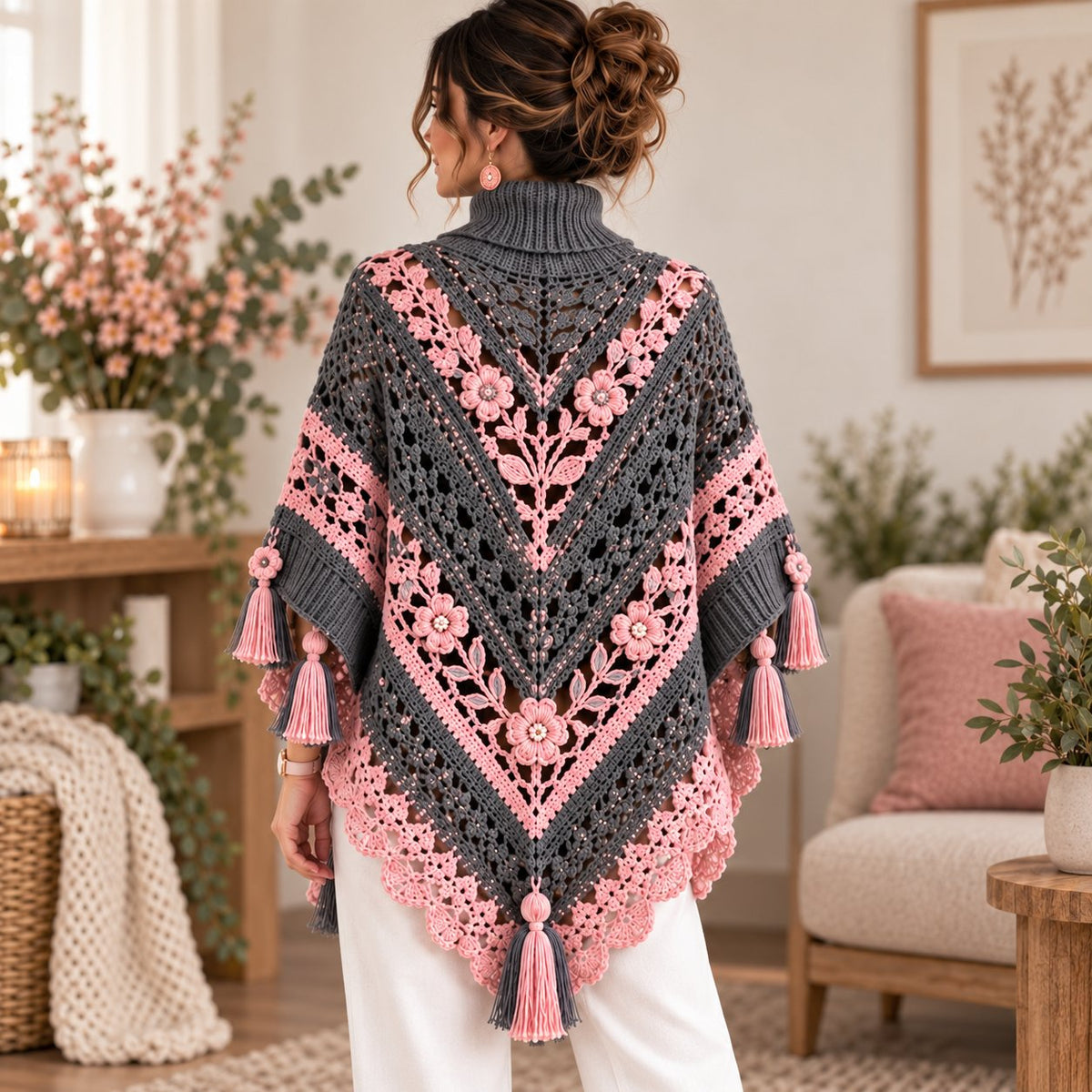 Floral Crochet Poncho Pattern PDF – Boho Cape with 3D Flowers & Tassel Fringe