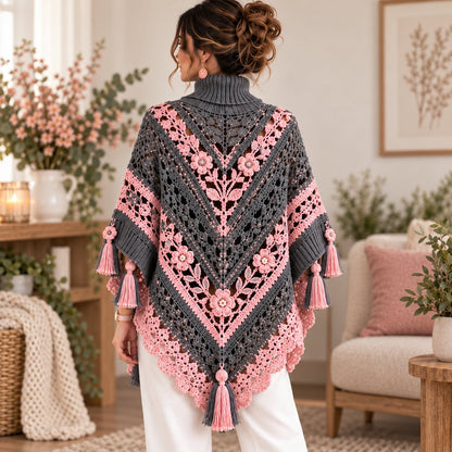 Floral Crochet Poncho Pattern PDF – Boho Cape with 3D Flowers & Tassel Fringe