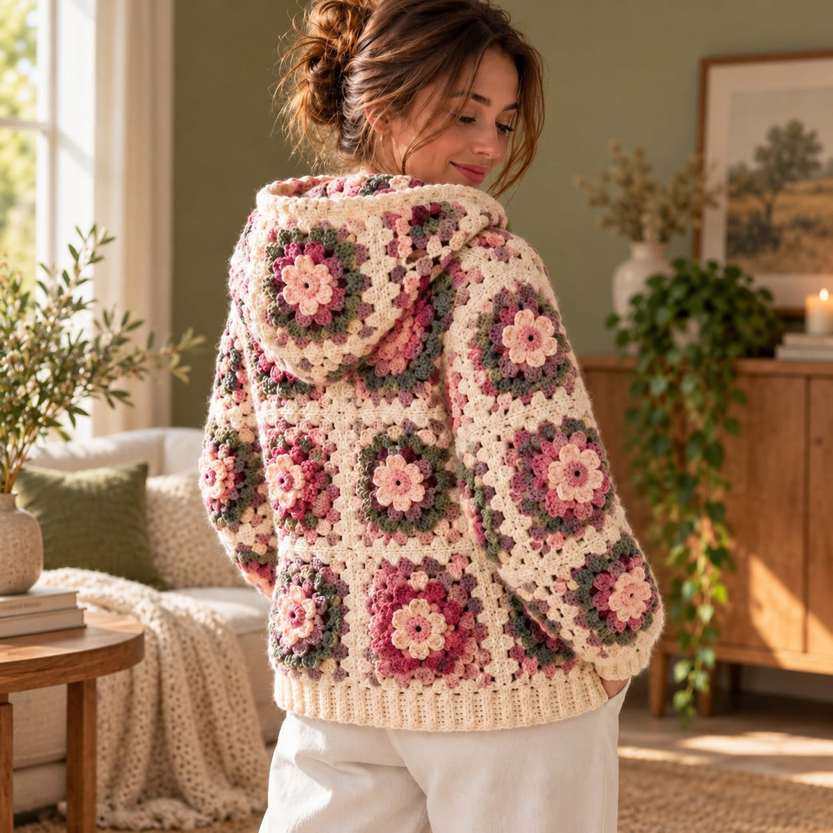3D Flower Granny Square Hoodie Crochet Pattern – Oversized Zip-Up Cardigan PDF
