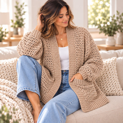 Willow Crochet Cardigan Pattern PDF – Open Front with Pockets, XS–3XL