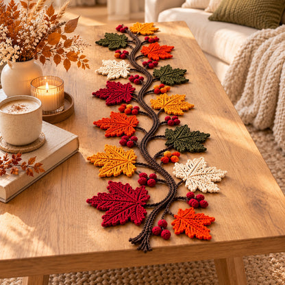 Autumn Maple Leaf Table Runner Crochet Pattern PDF – Fall Vine & Berry Decor
