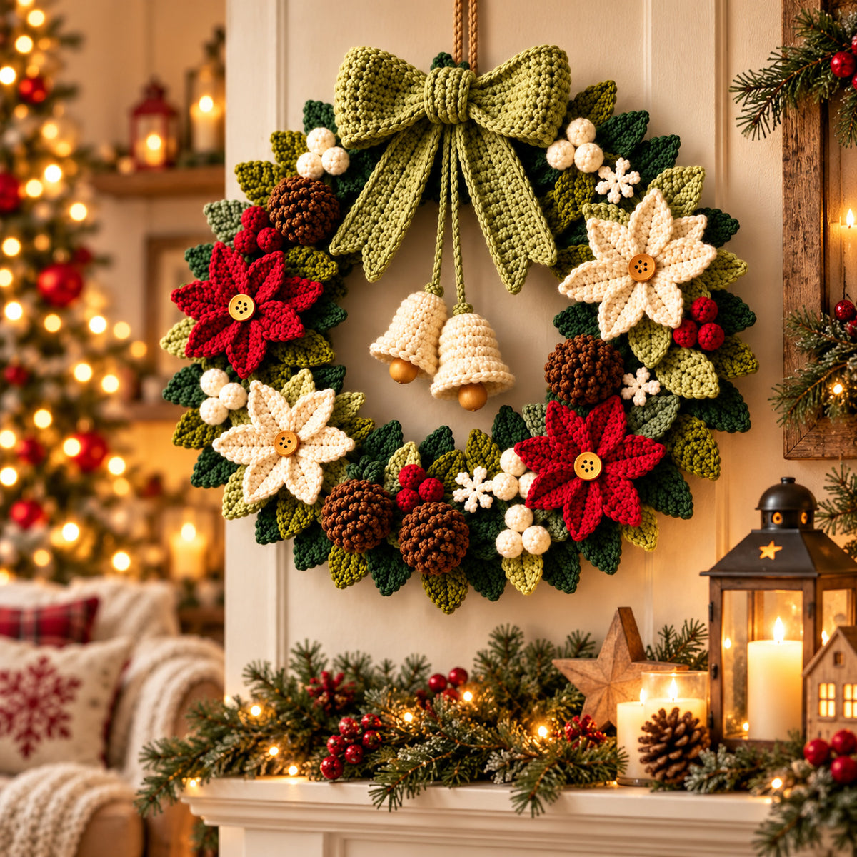 Crochet Christmas Wreath Pattern PDF – Poinsettia Holiday Door Decor