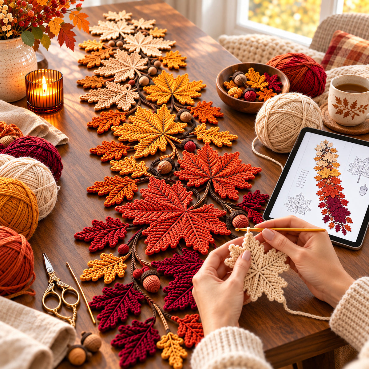 Autumn Leaves Table Runner Crochet Pattern PDF – Pumpkin Spice Gradient