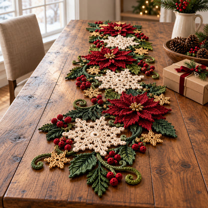 Christmas Poinsettia Snowflake Table Runner Crochet Pattern PDF – 68–72 in Holiday Centerpiece