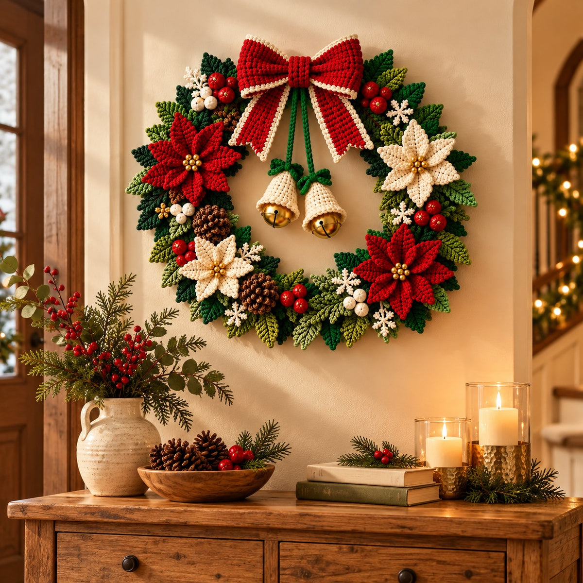 Crochet Christmas Wreath Pattern PDF – Poinsettia, Bow, Bells & Holiday Decor