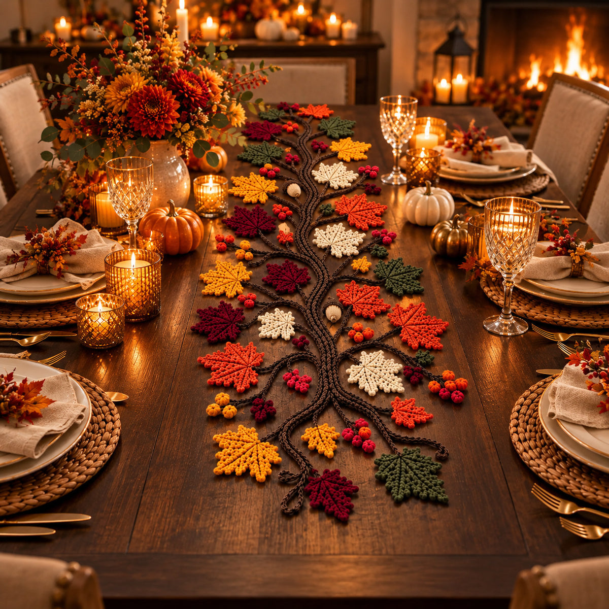 Autumn Tree Table Runner Crochet Pattern PDF – Maple Leaves, Berries & Acorns
