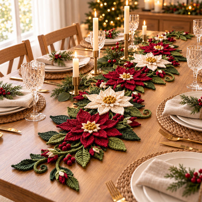 Poinsettia Snowflake Crochet Table Runner Pattern PDF – Christmas Decor