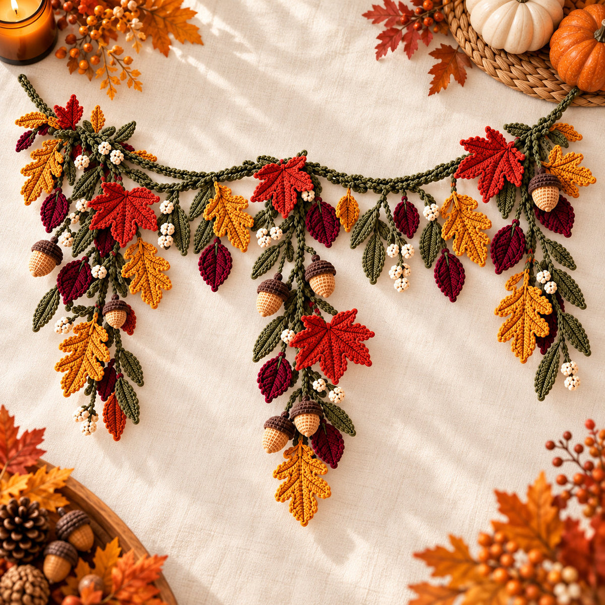Crochet Fall Garland Pattern PDF – Maple Leaves, Acorns & Autumn Mantel Decor