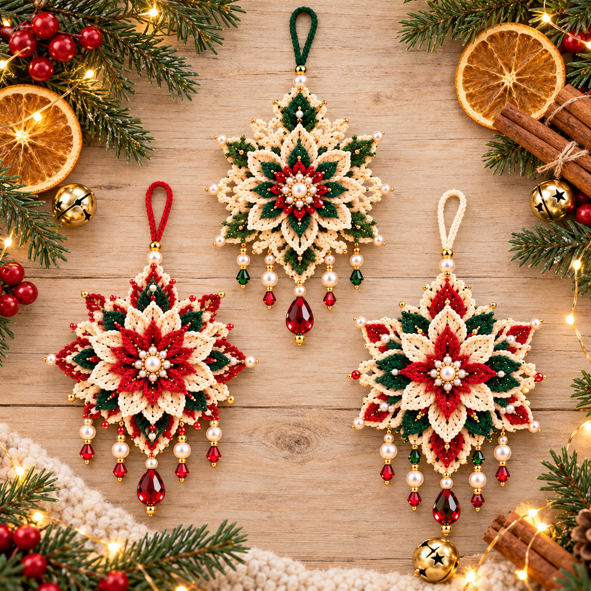 Poinsettia Crochet Ornament Pattern PDF – Set of 3 Beaded Christmas Flowers