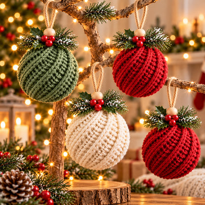 Crochet Christmas Ornament Pattern PDF – Twisted-Rib Bauble, Wooden Bead & Linen Bow