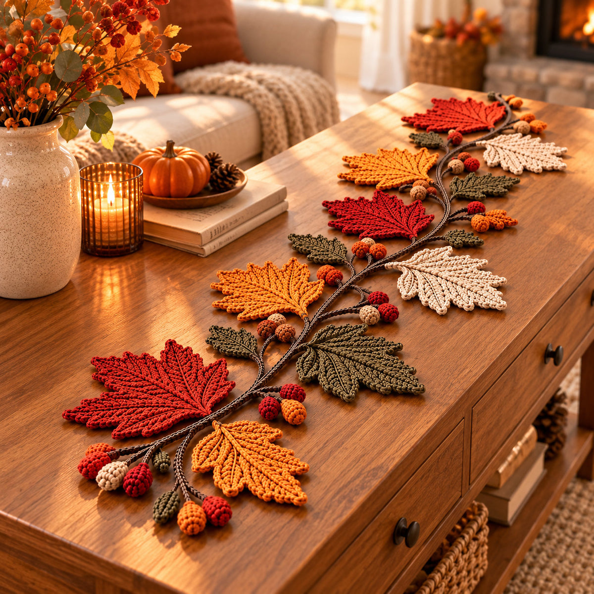 Autumn Maple Leaf Table Runner Crochet Pattern PDF – 6 Coasters Included