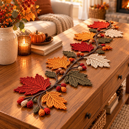Autumn Maple Leaf Table Runner Crochet Pattern PDF – 6 Coasters Included