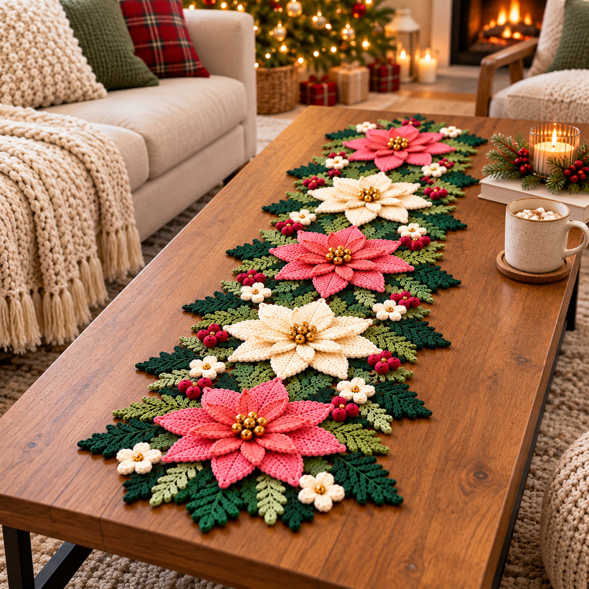 Christmas Poinsettia Table Runner Crochet Pattern PDF – Photo Tutorial