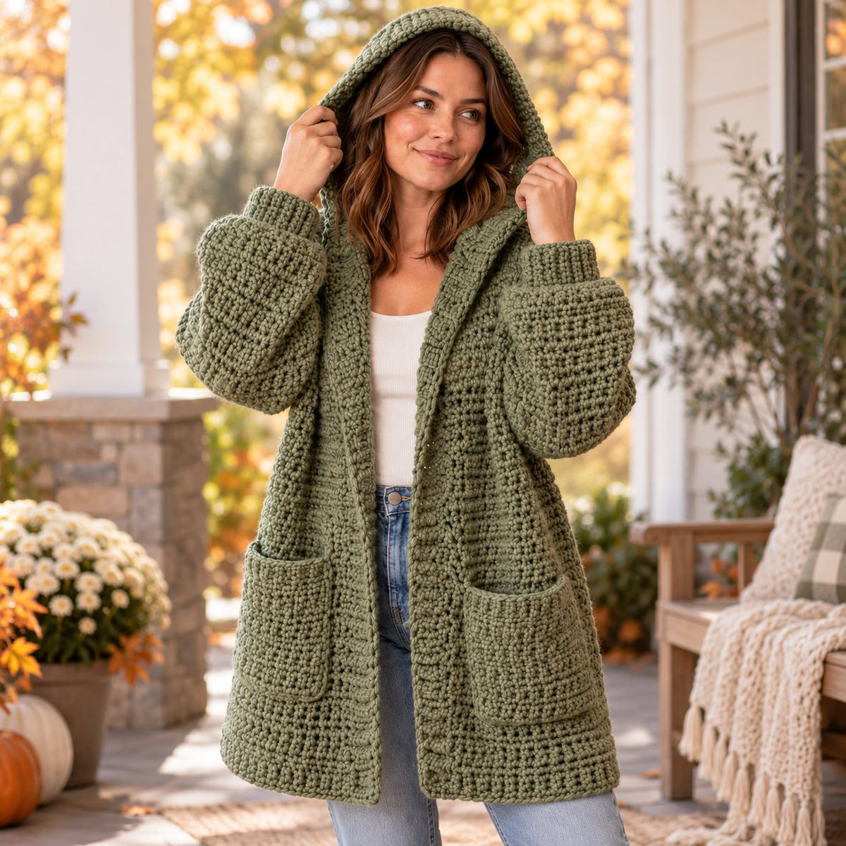 Crochet Hooded Cardigan Pattern PDF – Chunky Textured Oversized Pocket Sweater