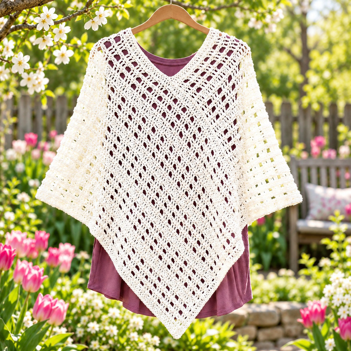 Spring Retreat Poncho Crochet Pattern PDF – Openwork Lightweight S–XL