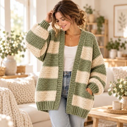 Oversized Chunky Cardigan Crochet Pattern PDF, Beginner Striped Sweater