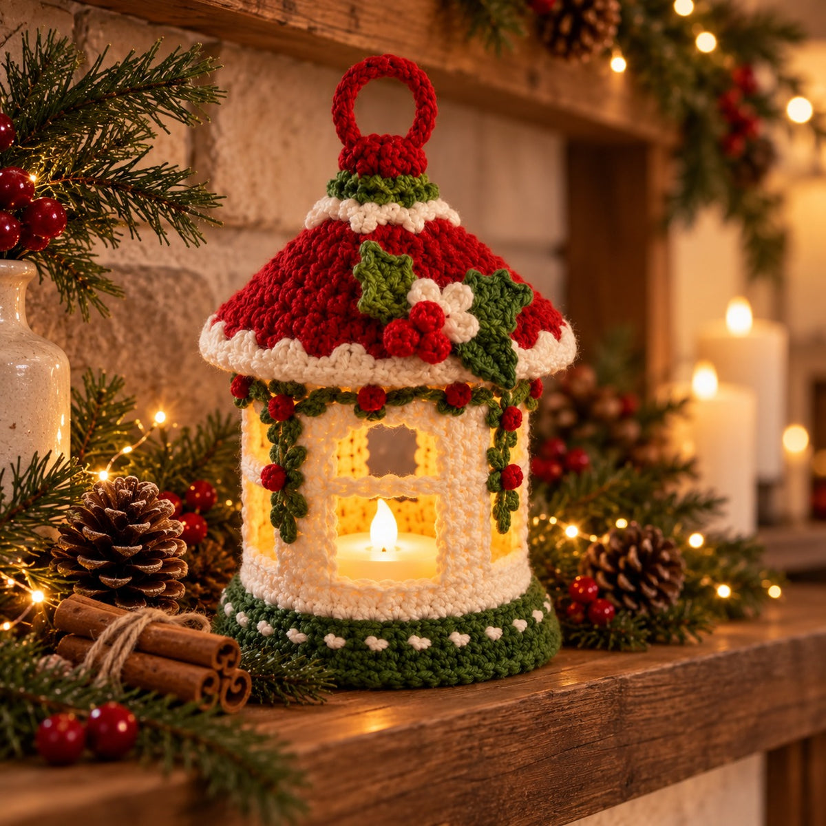 Crochet Christmas Lantern Pattern PDF – 3D Holiday LED Tea Light Holder