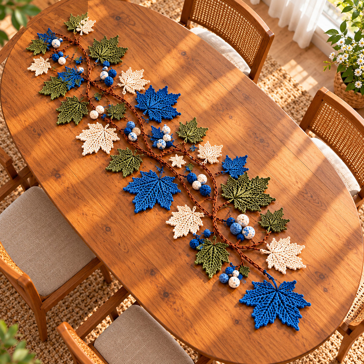 Handmade Crochet Maple Leaf Table Runner – Blue, Olive & Cream Fall Decor