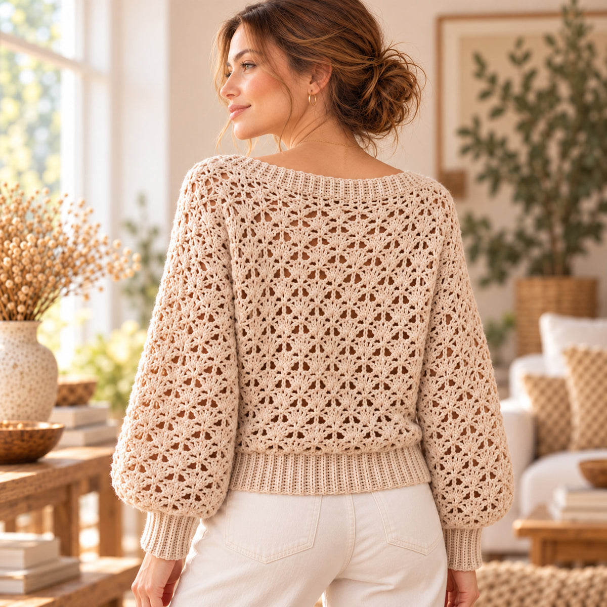 Crochet Lace Pullover Pattern PDF – Balloon Sleeve Openwork Sweater