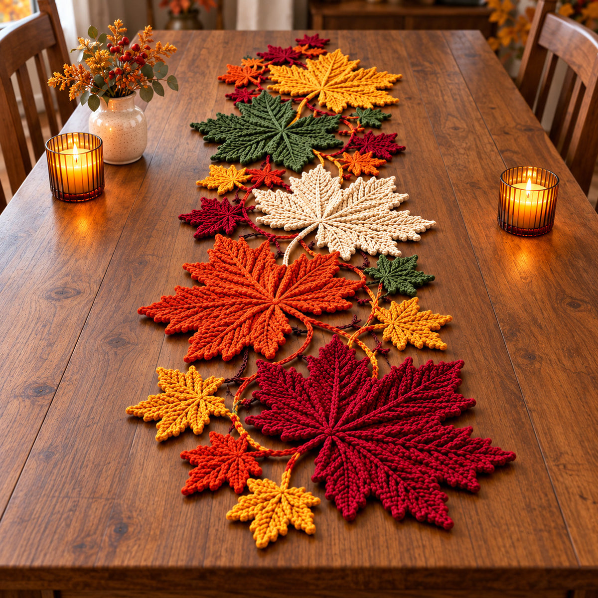 Maple Leaf Crochet Table Runner Pattern PDF – Autumn Botanical Vine Decor