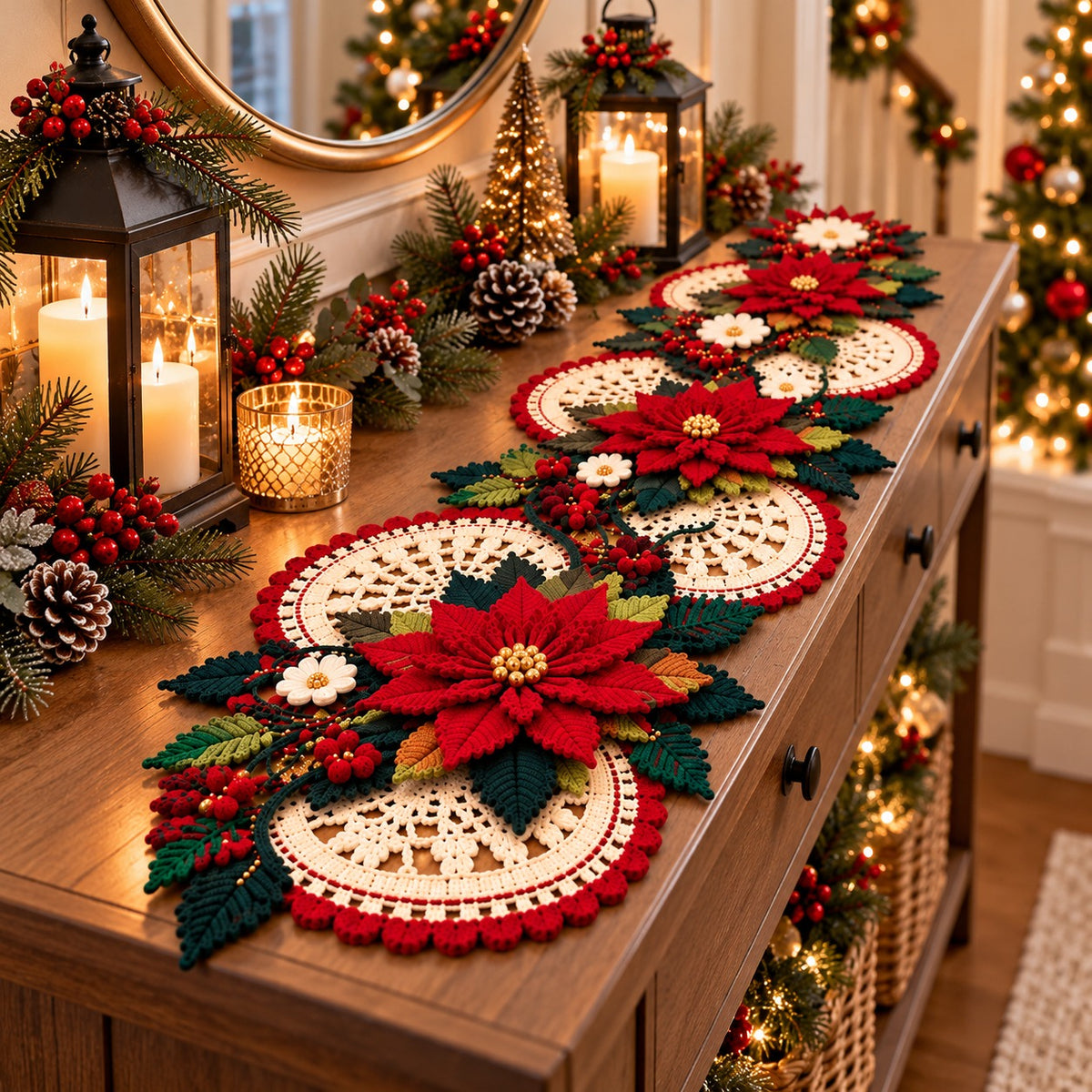 Christmas Poinsettia Table Runner Crochet Pattern PDF – 3D Floral Centerpiece