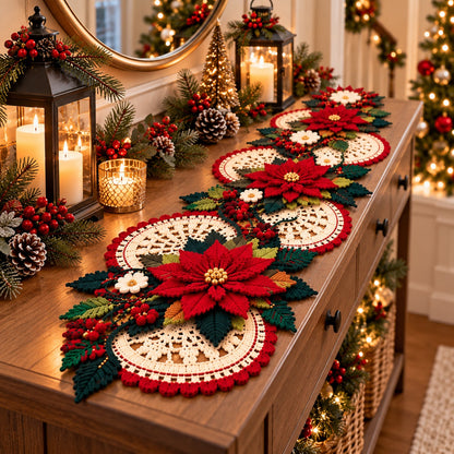Christmas Poinsettia Table Runner Crochet Pattern PDF – 3D Floral Centerpiece