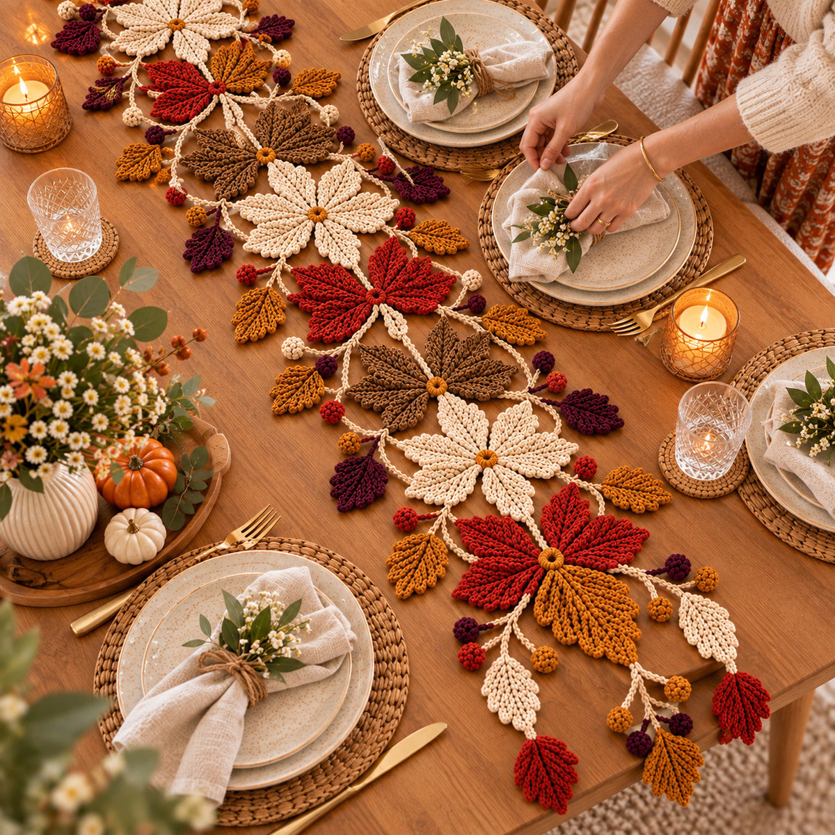 Crochet Autumn Floral Table Runner Pattern PDF | Fall Leaf & Berry Decor