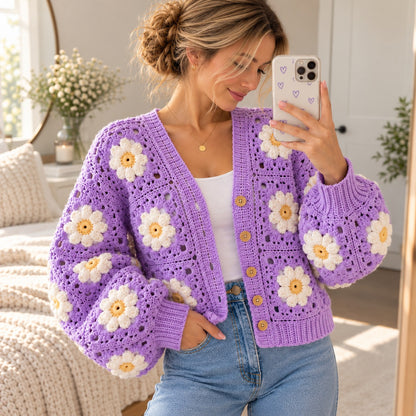 Lavender Daisy Granny Square Cardigan Crochet Pattern PDF – XS–5XL